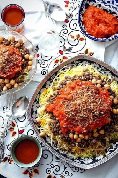 Koshari, a beloved Egyptian dish, captured with Egypt Tour Magic.