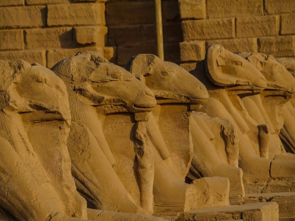View of the East Bank of Luxor, featuring the Temple of Karnak and the Luxor Temple, showcasing the grandeur of ancient Egyptian architecture and historical monuments along the Nile River