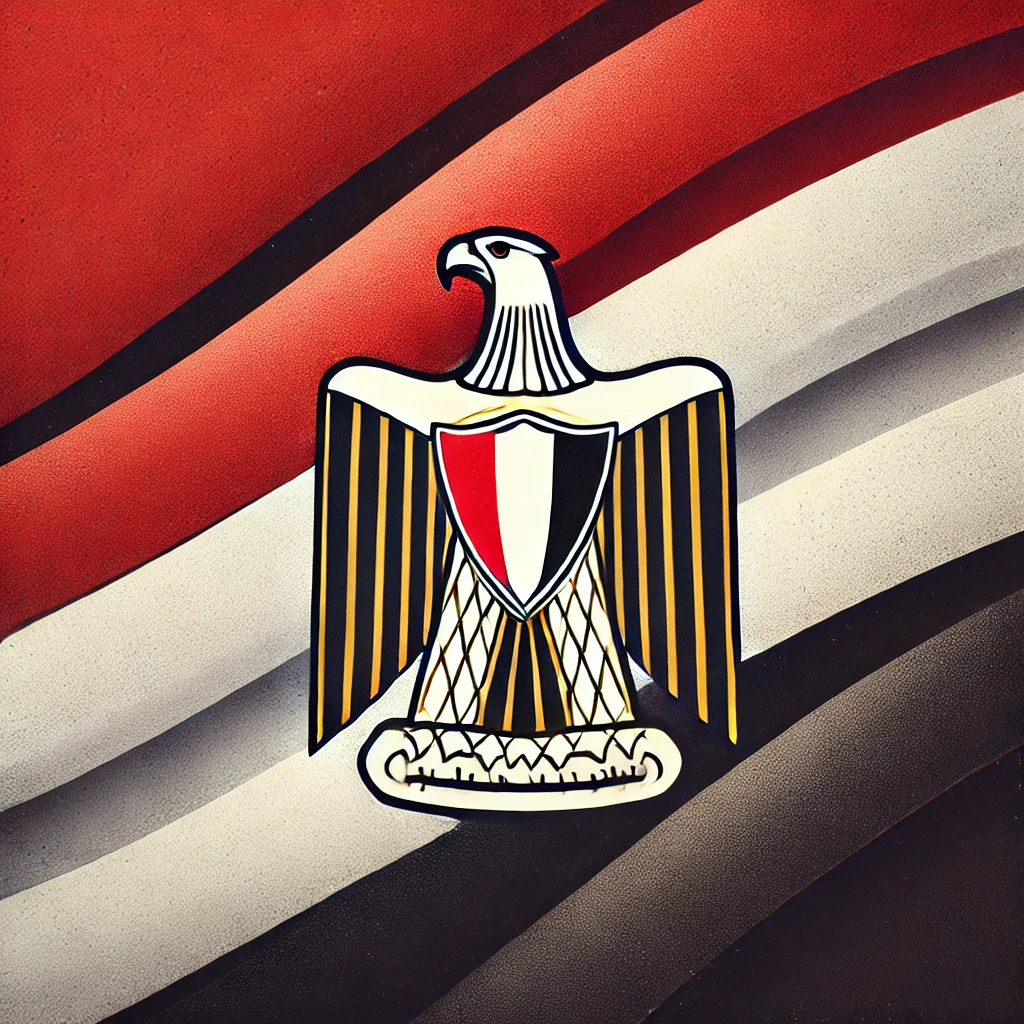 he flag of Egypt, consisting of red, white, and black stripes with a golden eagle emblem, symbolizing national pride and safety.