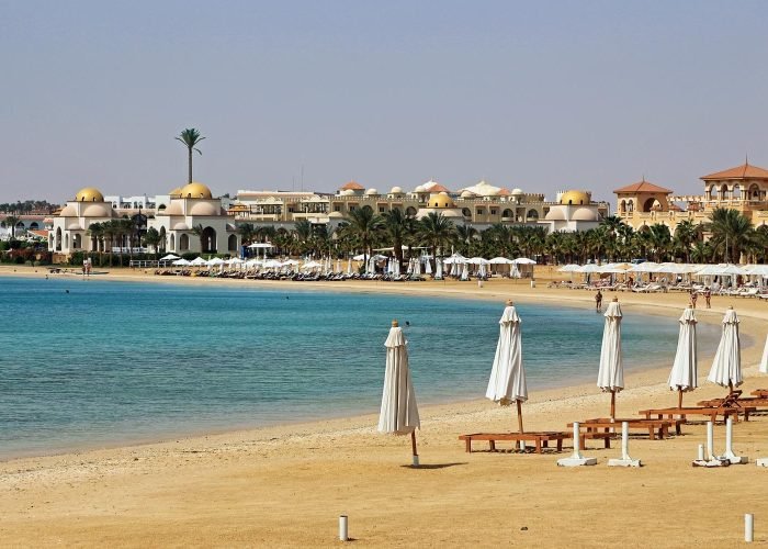 "El Gouna Beach, offering crystal-clear waters, golden sands, and water sports.