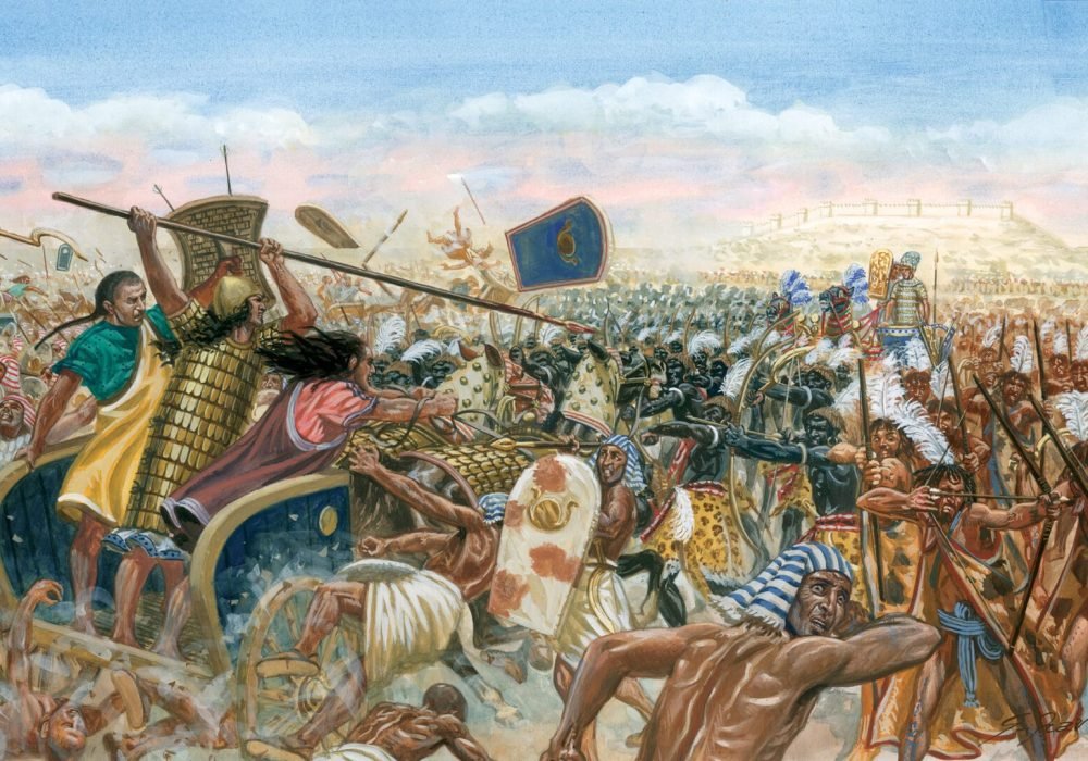 Rava, Giuseppe; geb. 1963.

"La carica dei carri Ittiti alla battaglia di Kadesh" (Charge of the Hittite chariots at the Battle of Kadesh).

Illustration, 2011. From the series: "Evo Antico" (Ancient History).