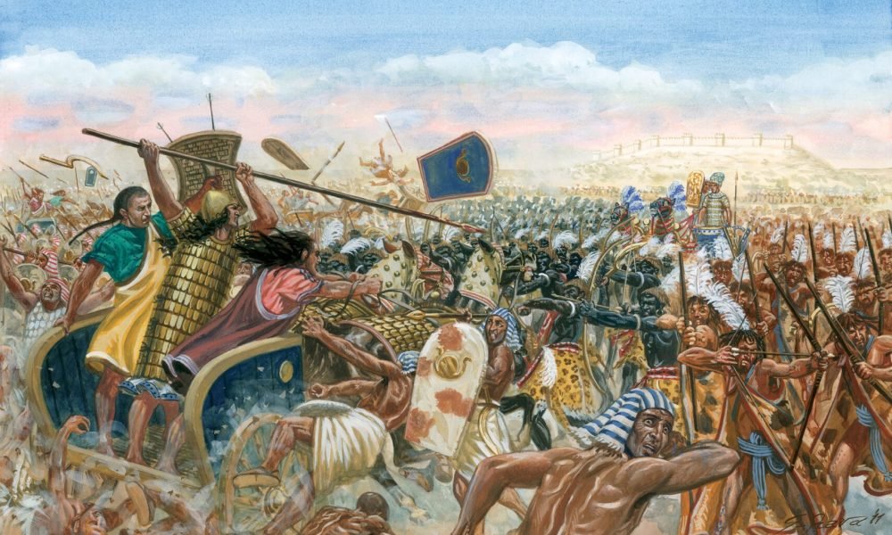 Rava, Giuseppe; geb. 1963.

"La carica dei carri Ittiti alla battaglia di Kadesh" (Charge of the Hittite chariots at the Battle of Kadesh).

Illustration, 2011. From the series: "Evo Antico" (Ancient History).