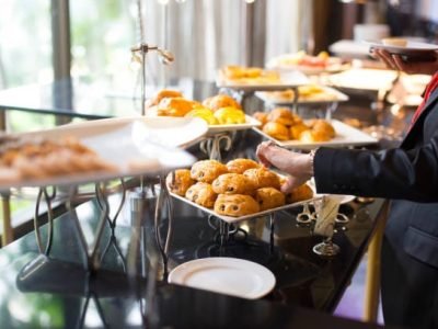 people group catering buffet food indoor, with food and beverage, Eat together.